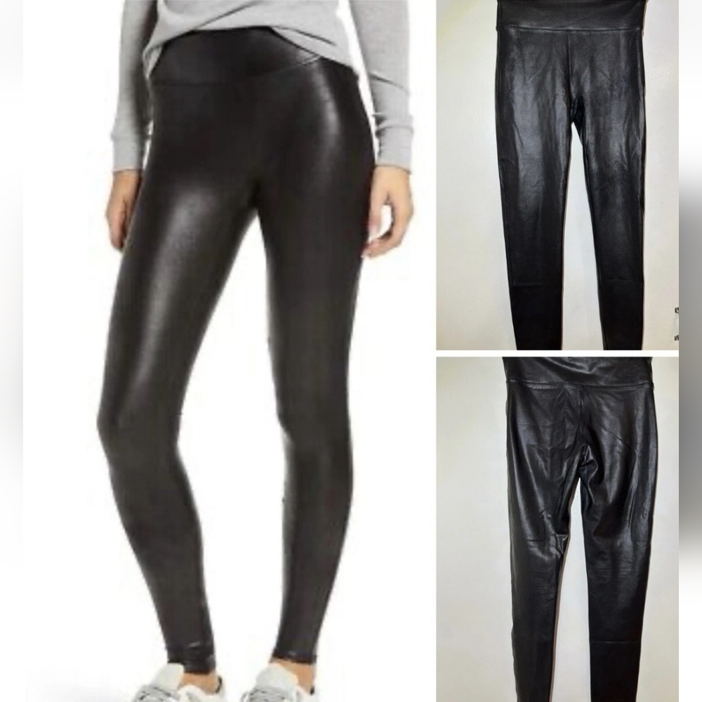SPANX Black Faux Leather-Look Leggings with Red Tag